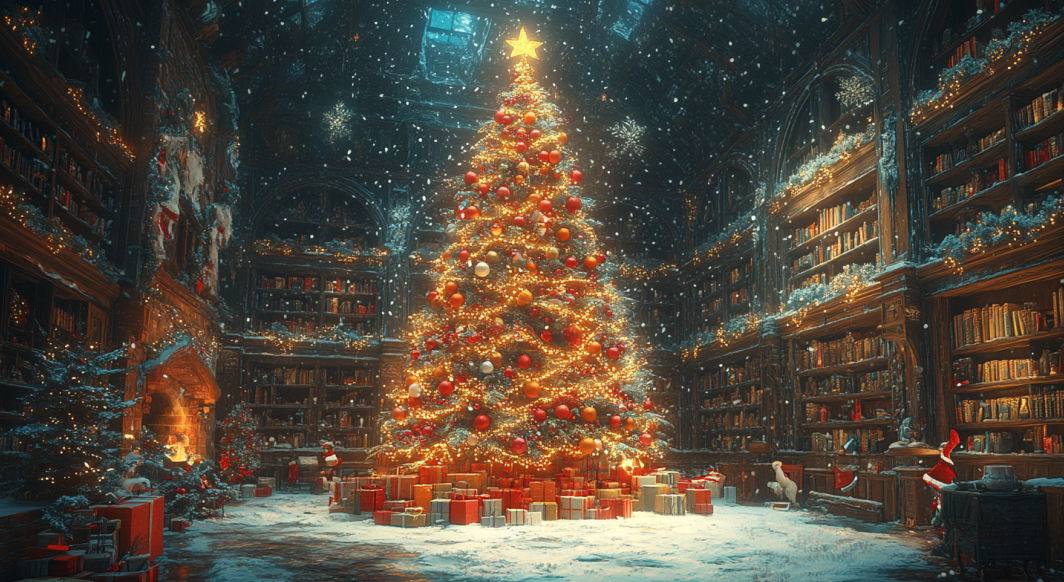 KI generated image bright christmas tree and books in background