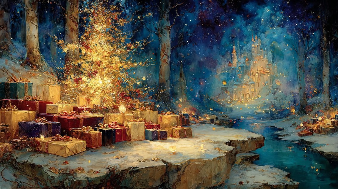 KI generated image bright christmas tree and parcels in background