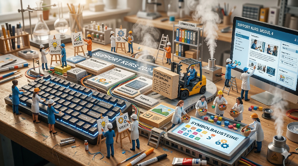 AI generated image showing a funny scene, where tiny workers creating a support course