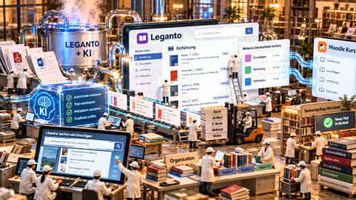 AI generated image; tiny workers are creating literature lists