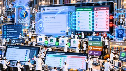 AI generated image; funny image showing small labour workers building a safe exam browser test